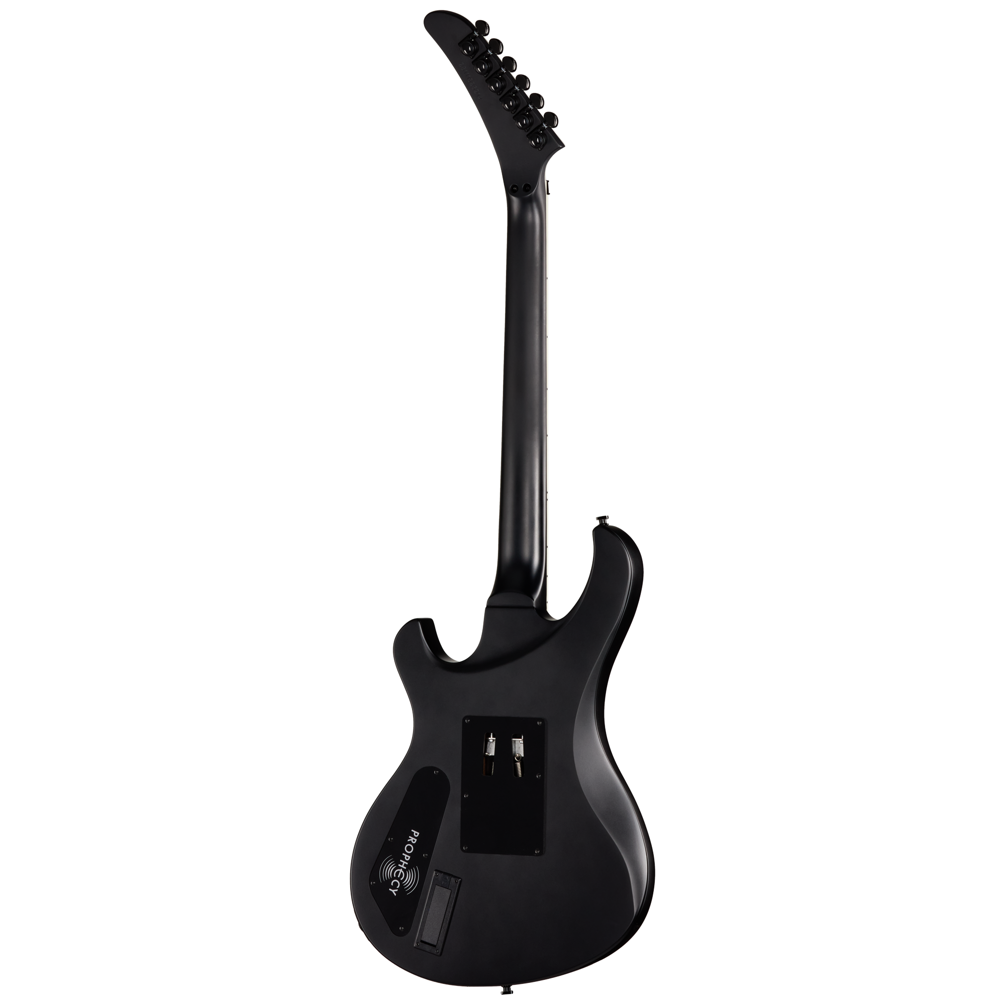 E-Gitarre, schwarzer Korpus, massiver Korpus, verschraubter Hals, Kopfplatte mit Mechaniken